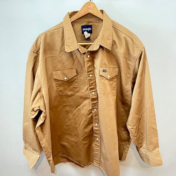 Vintage Men's Wrangler Heavy Canvas Cotton Pearl Snap Tan Button Front Shirt- Si - Picture 1 of 5
